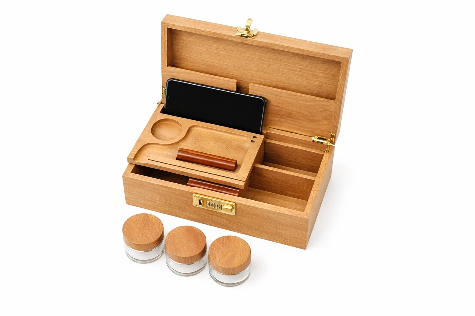 Premium wooden box with combination lock open