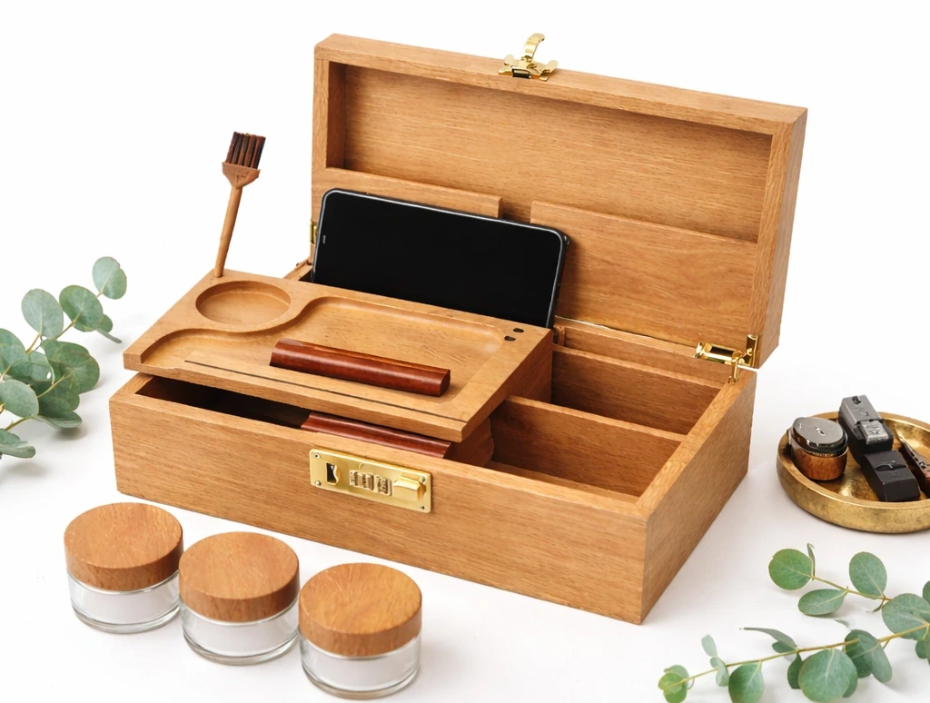 Premium wooden box with combination lock and interior compartments